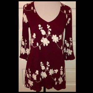 how.very.loved Burgundy & White Embroidered 3/4 Sleeve Tunic Top, Sz Sm